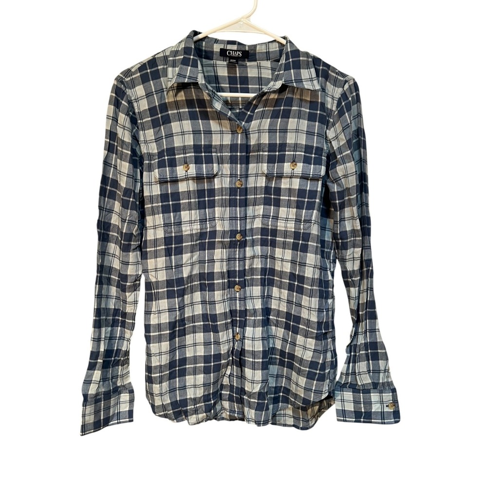 Chaps Women's Size Medium Button Down Flannel Shirt Light Blue Checkered Plaid